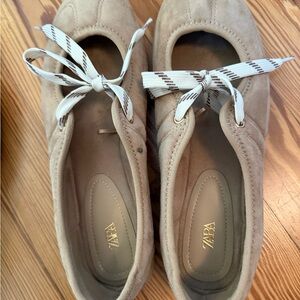 Zara Taupe Suede Tie-Front Ballet Flats